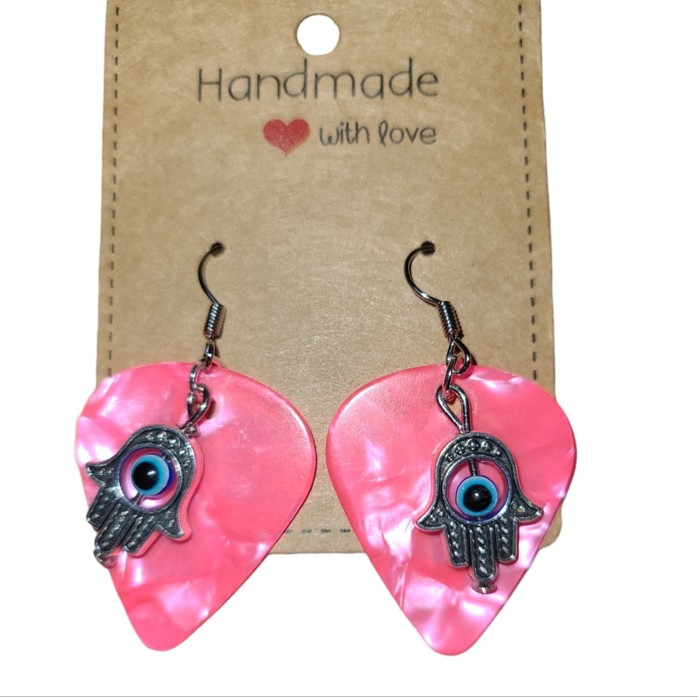 3/$30 Handmade Pink Guitar Pick With Evil Eye Hand of Fatima L4